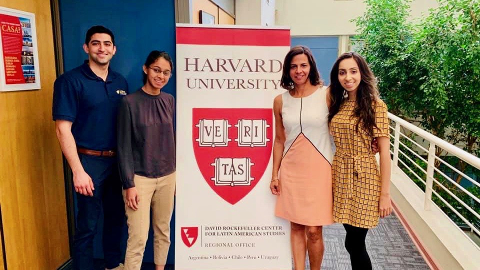 L-R: UC Davis MBA students Bryan Dastmalchi, Ananta Sen, Marcela Renteria, and Marjan Malik at the Harvard DRCLAS Center, where the team met with the Harvard regional center to discuss partnership opportunities and to learn about the DRCLAS program.