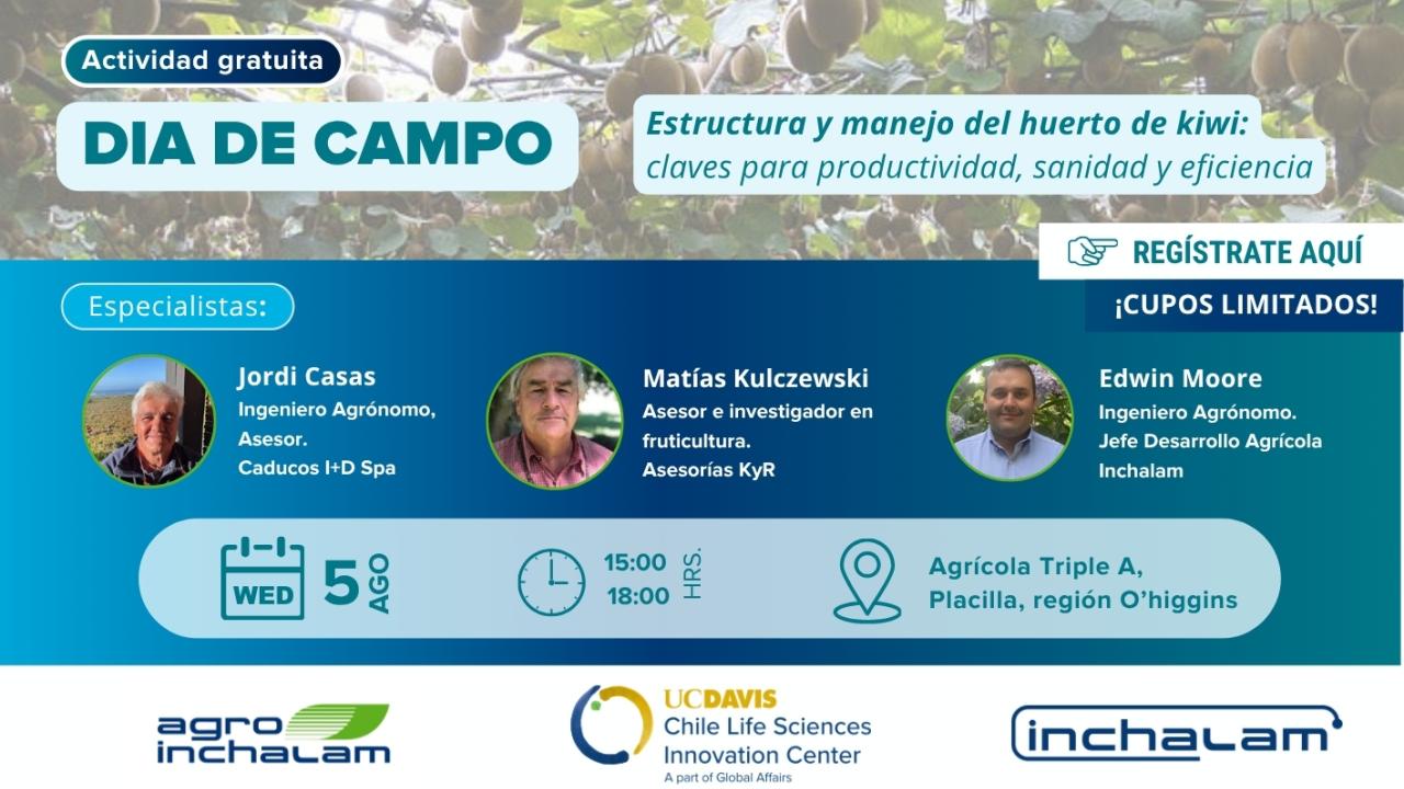 Banner azul y verde 'Día de Campo' con fotos de ponentes y logos.