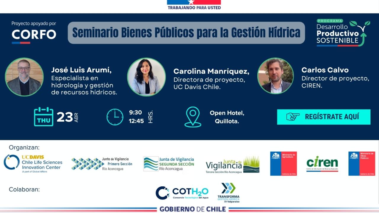 Banner gráfico azul de seminario sobre gestión hídrica con retratos, logos y datos